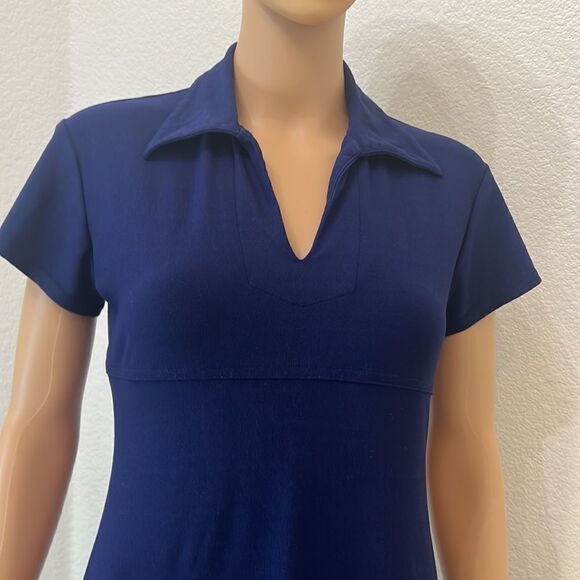 Express Dress Size Small Notch Collar Short Sleeve Midi Navy Royal Blue Flare - Picture 3 of 10